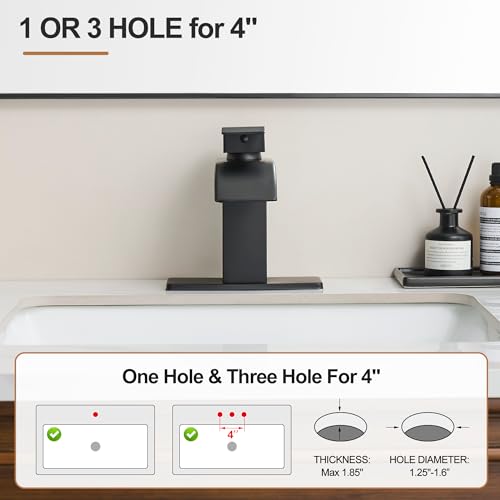 Waterfall Bathroom Faucet, Single Handle Matte Black Sink Faucet 1 Hole or 3 Hole for Lavatory, Washbasin, Vanity, Commercial, with Deck, Pop-up Drain and Supply Hoses - color: Matte Black