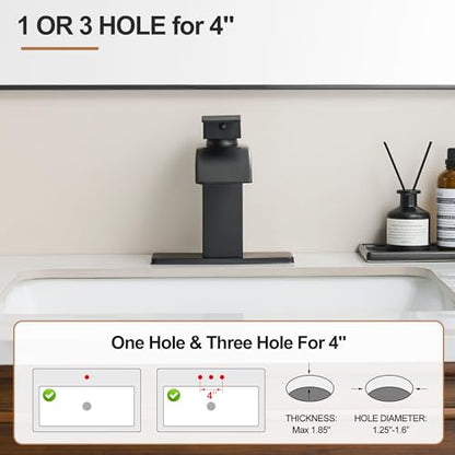 Waterfall Bathroom Faucet, Single Handle Matte Black Sink Faucet 1 Hole or 3 Hole for Lavatory, Washbasin, Vanity, Commercial, with Deck, Pop-up Drain and Supply Hoses - color: Matte Black