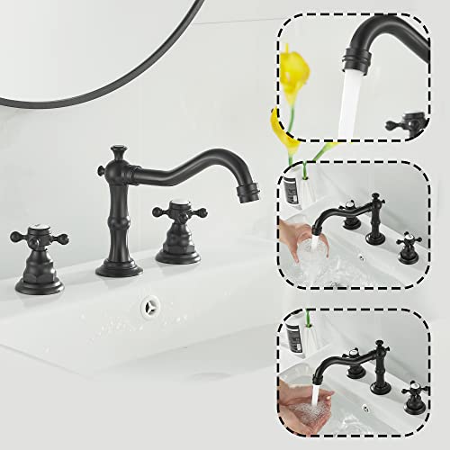 Matte Black Bathroom Faucet 2 Handles 3 Holes Faucet 8 inch Widespread Bathroom Sink Faucet Tap Mixer Supply Hose Included Matching Metal Pop Up Drain - color: Black, style: Ceramic Cover