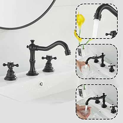 Matte Black Bathroom Faucet 2 Handles 3 Holes Faucet 8 inch Widespread Bathroom Sink Faucet Tap Mixer Supply Hose Included Matching Metal Pop Up Drain - color: Black, style: Ceramic Cover