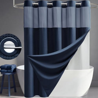 Navy Blue Hook Free Waffle Shower Curtain & Snap-in Liner,54x81 | Less Time to install, 3 in 1 Fabric Shower Curtain and Liner Set with Magnets, Stall, Long, Shower Curtains for Bathroom - color: B Navy Blue, size: 54"W x 81"L (Pack of 1)