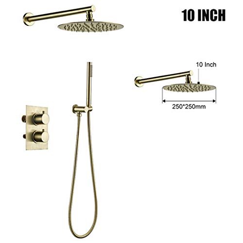Shower System, Wall Mounted Thermostatic Control Mixing Valve Brushed Gold Taps Set with 8-12 Inch Round Rainfall Head and Handheld Shower, Luxury Se,10 inch