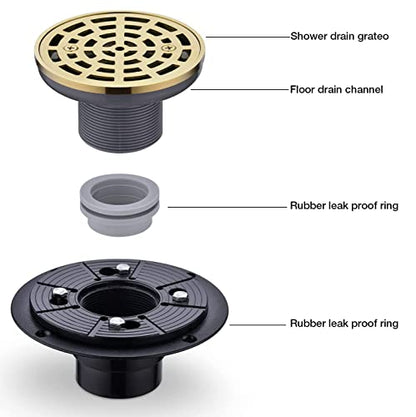 RANDOM Round Shower Drain SUS304 Stainless Steel Brushed Gold Shower Drain 4 inch with Adjustable PVC Base Flange,Shower Floor Drain with Removable Cover Grid Grate - color: A-brushed Gold-4″ Round With Base Flange
