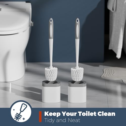 Holaloha Toilet Brush and Holder Set, Space Saving, 2 Pack, White | Bathroom Accessories, Ergonomic Silicone Handle, Dense Bristles, Deep Cleaning, Scrubber, Compact Design - color: White