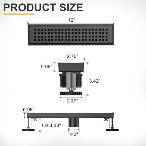 Linear Shower Drain - 12 Inch Matte Black, with Grate Removable | AISI 304 Stainless Steel Shower Drain with Adjustable Feet, Hair Catcher, Rectangle Shower Floor Drain Fits Bathroom, Balcony - color: Matte Black, size: 12 Inch