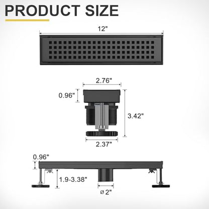 Linear Shower Drain - 12 Inch Matte Black, with Grate Removable | AISI 304 Stainless Steel Shower Drain with Adjustable Feet, Hair Catcher, Rectangle Shower Floor Drain Fits Bathroom, Balcony - color: Matte Black, size: 12 Inch