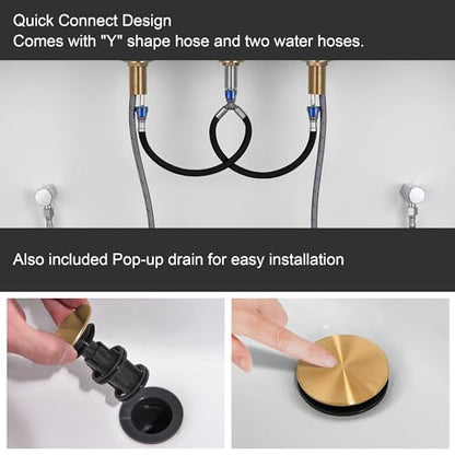 Brushed Gold Bathroom Faucet for Sink 3 Hole, 8 inch Widespread Bathroom Faucets | Brass Gold Vanity Faucets with 360° Swivel Spout 2 Handle Gold Sink Faucet with Drain & Supply Hoses - color: Brushed Gold
