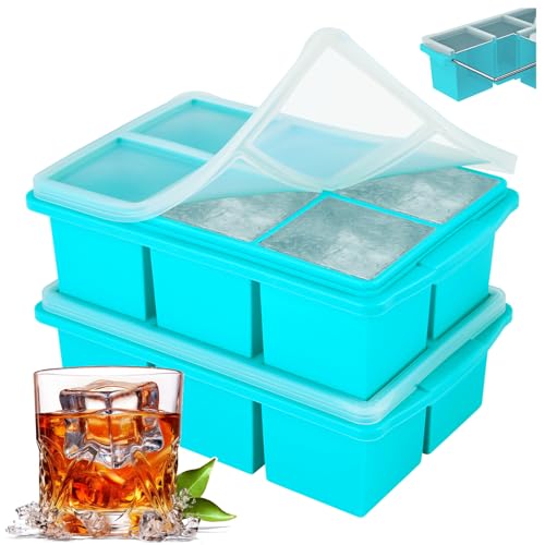 Large Ice Cube Trays for Whiskey, Silicone Ice Cube Tray, with Reinforced Steel Ring Top, Makes 12 perfect 2-in ice cubes, Square Ice Tray for Cocktails, Whiskey, Coffee. (2 Pack) - color: Water blue