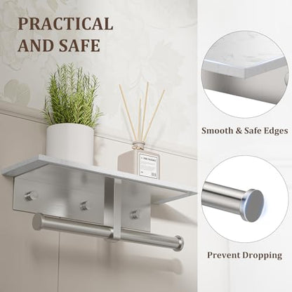 BWE Double Toilet Paper Holder with Shelf Wall Mounted Tissue Roll Holder | Commercial Toilet Paper Dispenser for Bathroom Marble Toilet Paper Storage Holder with Phone Shelf (Brushed Nickel) - color: Double Brushed Nickel