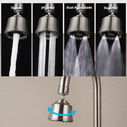 Faucet Aerator 4 Modes, 360° Swivel Faucet Sprayer Head, Brushed Nickel | 55/64" Sink Faucet Head for Bathroom & Kitchen faucets, 2 Large-Angle Rotating Metal Joints, Extra 15/16" Male Adapter - color: Brushed Nickel, style: 2 Swivel Joints
