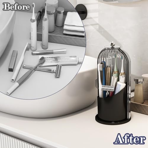 Toothbrush and Toothpaste Holders with Cover, Grey Black | Waterproof and Dustproof, 360° Rotating Base, Smooth Sliding Door, 3 Slots, for Bathroom Countertop - color: Grey Black