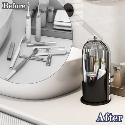 Toothbrush and Toothpaste Holders with Cover, Grey Black | Waterproof and Dustproof, 360° Rotating Base, Smooth Sliding Door, 3 Slots, for Bathroom Countertop - color: Grey Black
