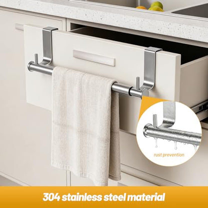 VEHHE Stainless Steel Expandable Towel Rack for Under Cabinet, Adjustable Over the Door Towel Rack with Hanging Hooks for Kitchen Cabinet, Bathroom Sponge Hand Towel Storage, Rust Proof Organizer