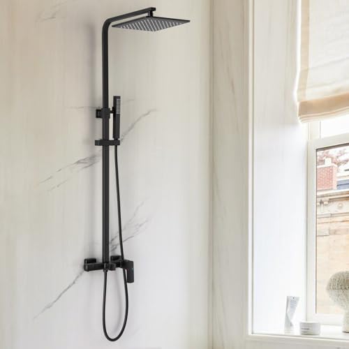 RBROHANT 3 Functions Exposed Shower System, Matte Black Exposed Shower Faucet Set, 10 Inch Rain Shower Head with Handheld and Tub Spout,Shower Height Adjustable, Wall Mounted - color: Matte Black