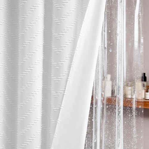 Stall Shower Curtain and Liner Set - 48 x 64 inch Boho Shower Curtain and Waterproof Clear Liner, Tufted Geometric Striped Textured Tassel Shower Curtains for Bathroom, 8 Hooks, 48x64, White - color: White, size: 48"W x 64"L (Pack of 1)