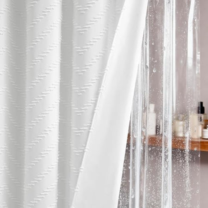 Stall Shower Curtain and Liner Set - 48 x 64 inch Boho Shower Curtain and Waterproof Clear Liner, Tufted Geometric Striped Textured Tassel Shower Curtains for Bathroom, 8 Hooks, 48x64, White - color: White, size: 48"W x 64"L (Pack of 1)