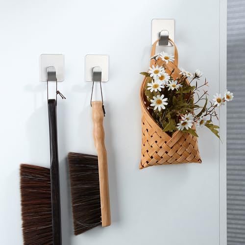 YIGII Towel Hooks no Damage Wall Surface, Adhesive Wall Hook for Kitchen and Bathroom, Stainless Steel Waterproof, 4 Pack Sticky Hooks, Silver