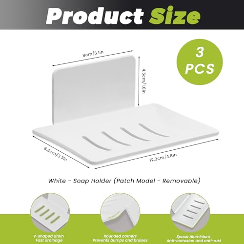 Huakaile 3 Pieces White Self-Adhesive Bar Soap Holder for Shower & Sink, Removable Space Aluminium Wall Mounted Soap Dish Tray for Bathroom Tub Kitchen Sink No Drilled (White) - color: White