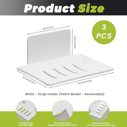 Huakaile 3 Pieces White Self-Adhesive Bar Soap Holder for Shower & Sink, Removable Space Aluminium Wall Mounted Soap Dish Tray for Bathroom Tub Kitchen Sink No Drilled (White) - color: White