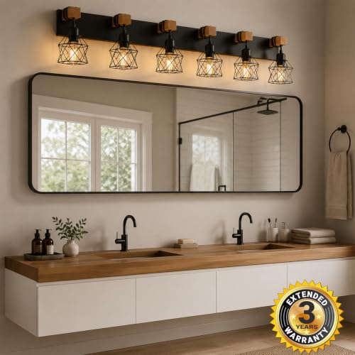 Farmhouse Vanity Light Fixture,6-Light Bathroom Lighting,Black Industrial Wood Wall Light Over Mirror with Metal Shade,LED Bulbs Not Included - color: Black, size: 6-Light-Wide 44"