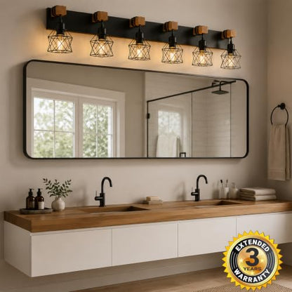 Farmhouse Vanity Light Fixture,6-Light Bathroom Lighting,Black Industrial Wood Wall Light Over Mirror with Metal Shade,LED Bulbs Not Included - color: Black, size: 6-Light-Wide 44"