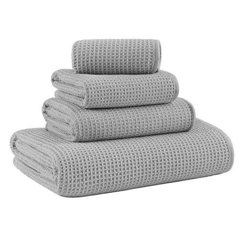 MICROFI Waffle Weave Bath Towel Set, Microfiber, 4 Pieces (Body/Hair/Hand/Face), Quick Dry, Lightweight, Super Absorbent, Lint Free, 380 GSM (Silver) - color: Silver