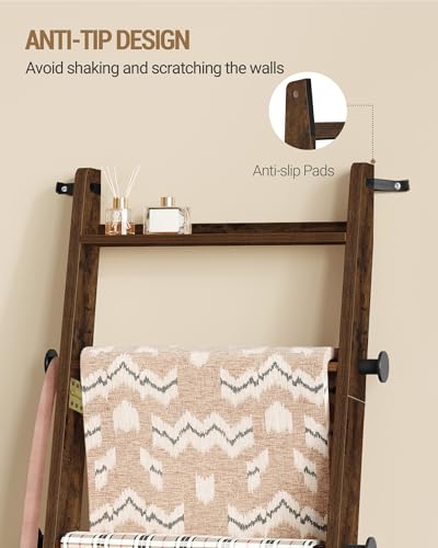 Hzuaneri Blanket Ladder, Decorative Quilt Rack with 4 Removable Hooks | 5-Tier Blanket Ladder Shelf for Bedroom Living Room, Rustic Brown BR30501X - size: 5.6"D x 17"W x 62.5"H