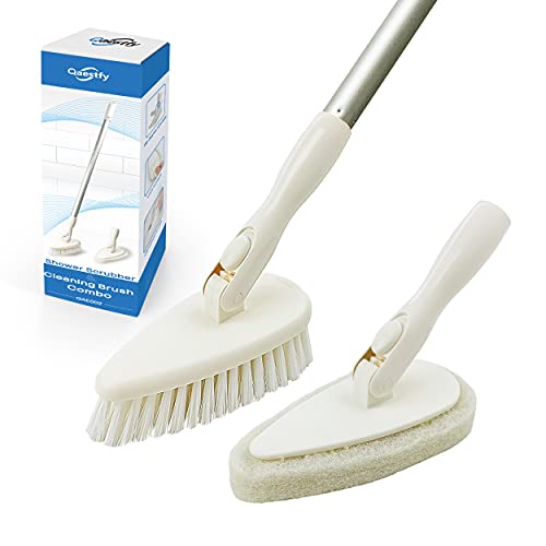 Qaestfy Shower Scrubber Cleaning Brush Combo Bath Tub Tile Cleaner Scrubber Brush with 51'' Adjustable Long Handle Scrub Brush for Bathroom Shower Bathtub Wall Mop Cleaning Scrubbing - color: White