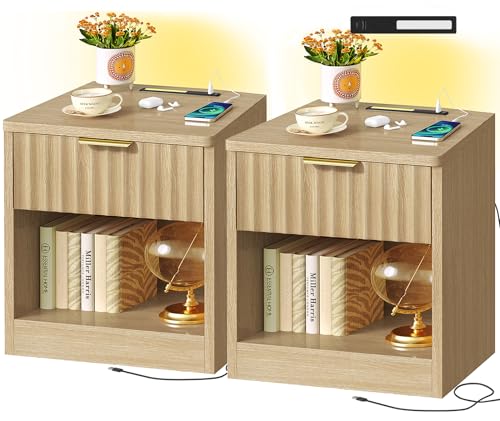 Fluted Nightstands Set of 2, Bed Side Table with Charging Station and LED Light, Night Stand with Storage Drawer and Open Shelf, End Table for Small Space, Bedroom, Natural - color: Unbzx025rd2-zf
