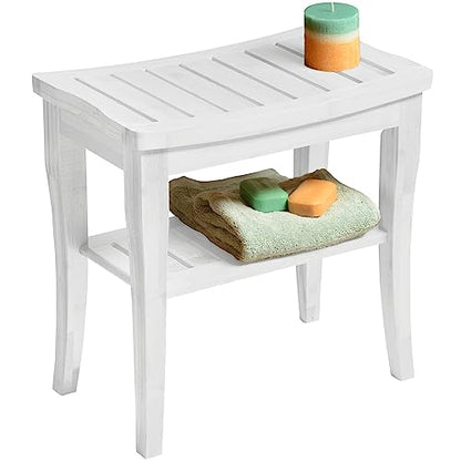 Bamboo Shower Bench, White Bathroom Wooden Stool Chair Seat with Storage | Compact 9 x 17 x 17 In, Great for Small Bathrooms, Non Slip Feet, Storage Shelf, Concave Seat, Holds Up to 250 lbs - color: White