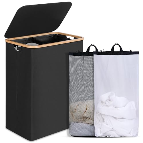 efluky Double Laundry Hamper with Lid, Divided Laundry Hamper with Removable Bags, 2 Section Dirty Clothes Basket with Handles for Bathroom, Bedroom & Laundry Room, 160L Black - color: Black, size: 160L