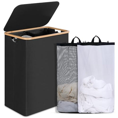 efluky Double Laundry Hamper with Lid, Divided Laundry Hamper with Removable Bags, 2 Section Dirty Clothes Basket with Handles for Bathroom, Bedroom & Laundry Room, 160L Black - color: Black, size: 160L