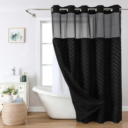 eachope No Hook Tufted Chevron Striped Shower Curtain with Snap-in Fabric Liner set-71Wx74H(72H),Black Hotel Grade Boho Style Shower Curtain with See Through Top Window,Water Repellent - color: Black, size: 71"W x 74"L (Pack of 1)