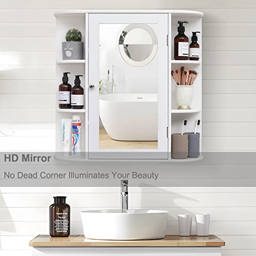 Iwell Bathroom Medicine Cabinet with Mirror, Bathroom Wall Cabinet with 2 Adjustable Shelves & 6 Open Shelves, Medicine Cabinet Organizer, Bathroom Cabinet Wall Mounted, White - color: White With Mirror