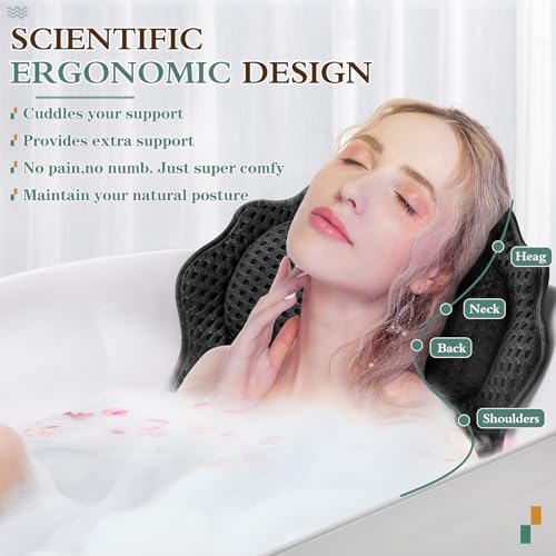 Bath Pillow RUVINCE Ergonomic Luxury Bathtub Pillow with Head,Neck, Shoulder and Back Support, 4D Bath Pillows for tub with 6 Powerful Suction Cups, Fits All Bathtub, Spa Tub, Hot Jacuzzi (Black) - color: Black
