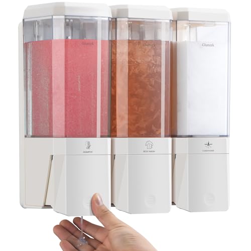 Shampoo and Conditioner Dispenser 3 Chamber No Drill Shampoo Dispenser for Shower Wall Mounted Shower Soap Dispenser 3 * 500ml Refillable Shower Dispenser for Bathroom Hotel(White 3 Chamber) - color: White-clear-3