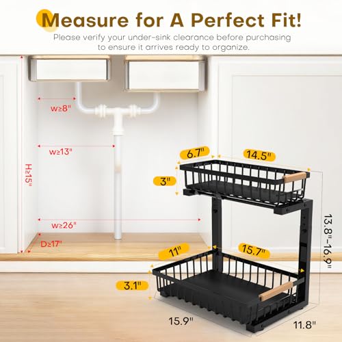 Under Sink Organizer, Heavy-Duty & Rust-Resistant Carbon Steel Metal, 2 Tier Pull Out Under Bathroom Sink Storage, Adjustable Height (13.8" -16.9"), Organizer for Kitchen Cabinet(2PCS,Black)