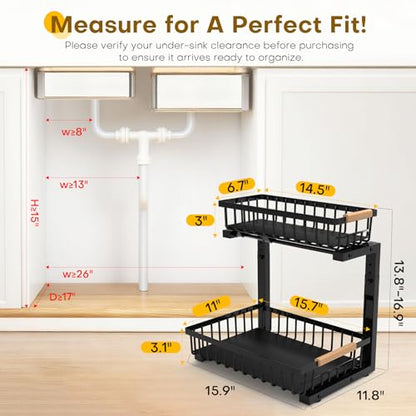 Under Sink Organizer, Heavy-Duty & Rust-Resistant Carbon Steel Metal, 2 Tier Pull Out Under Bathroom Sink Storage, Adjustable Height (13.8" -16.9"), Organizer for Kitchen Cabinet(2PCS,Black)