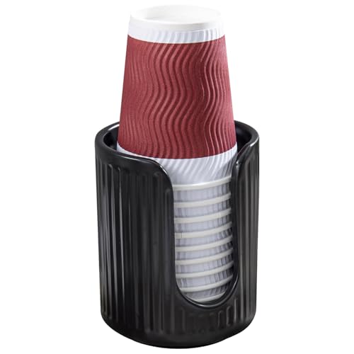 Modern Fluted Matte Black Ceramic Coffee Cup Dispenser Holder – Stylish Disposable Paper Cup Dispenser for Kitchen, Coffee Bar, or Office Countertop