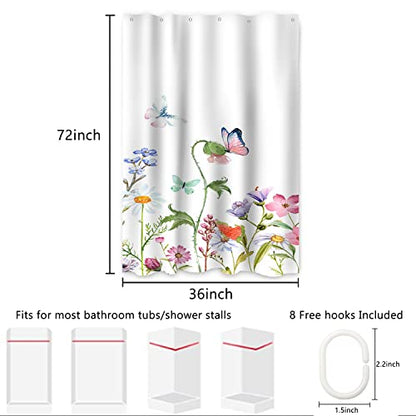 AWERT Butterfly Wildflowers Small Half Size Stall Shower Curtain with Hooks Shower Stall Curtain for Bathroom/RV and Camper 48 x 72 - color: Butterfly, size: 48"W x 72"L (Pack of 1)