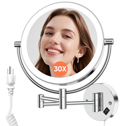 FUNTOUCH AC Plug in Powered 1X/30X Wall Mounted Makeup Mirror with Lights | Double Sided 1X/30X Magnifying,3 Color Lights,Touch Dimmable, Extended Arm 360 Rotation Lighted Bathroom Mirror Magnification - color: Chrome