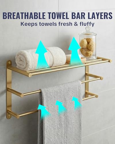 24 Inch Towel Racks for Bathroom: Brushed Gold Towel Rack with Double Towel Bar Wall Mounted - SUS304 Stainless Steel Bath Towel Holder with Shelf for Hotel Lavatory - color: Brushed Gold