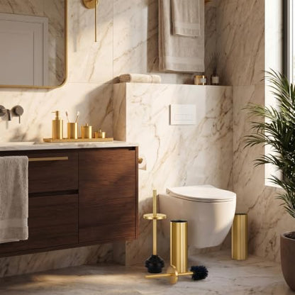 Gold Toilet Plunger and Brush Set, 2 Piece Stainless Steel Bathroom Cleaning Combo with Holder, Modern Luxury Gold Finish Cleaning Toilet Tools for Bathroom Deeply Clean and Decor