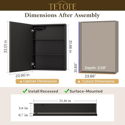 TETOTE 24 x 32 LED Bathroom Medicine Cabinet with Adjustable Shelves, Black Aluminum Cabinet, Anti-Fog Stepless Dimmable 3 Colors White/Warm/Natural, Easy to Install(Wall Mount/Recessed) - color: Black, size: 32"L x 24"W