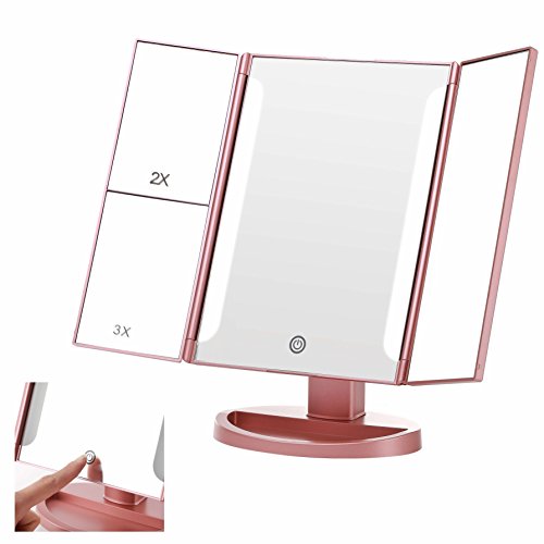 Miss Sweet Lighted Trifold Makeup Mirror Tabletop Mirror Vanity Mirror for Beauty Makeup (A Rose Gold)