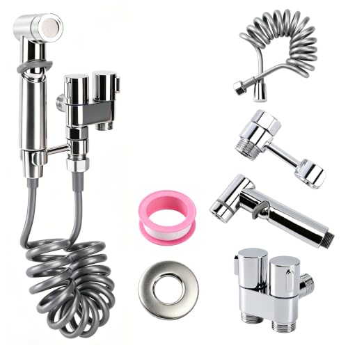 Handheld Bidet Sprayer for Toilet 1 in 2 Out Dual Control Valve, 304 Stainless Steel with Adjustable Pressure, Easy Installation Sprayer Kit for Bathroom Toilet Pet Cleaning