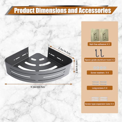 Matte Gray Corner Shower Shelf, 1-Pack Aluminum Bathroom Caddy Item Highlights No Drill Adhesive & Screw Mount, Rustproof Storage Rack with Towel Hooks for Shower, Toilet & Laundry Room