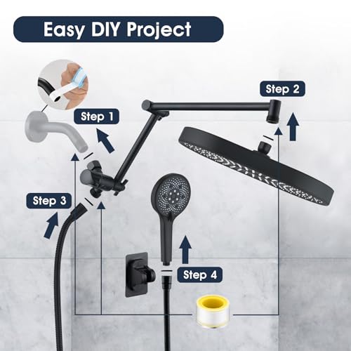 PDPBath 14 Inch Rain Shower Head with 5+1 Settings Handheld Spray Combo, High Pressure Rainfall Shower Head with 16'' Upgrade Adjustable Extension Arm, 79" Extra Long Hose, 3-Way Diverter, Matte Black - color: Matte Black