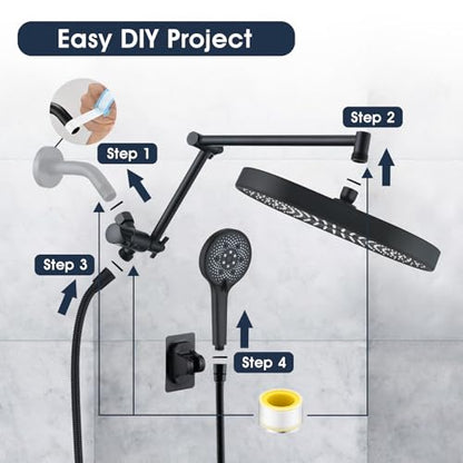 PDPBath 14 Inch Rain Shower Head with 5+1 Settings Handheld Spray Combo, High Pressure Rainfall Shower Head with 16'' Upgrade Adjustable Extension Arm, 79" Extra Long Hose, 3-Way Diverter, Matte Black - color: Matte Black