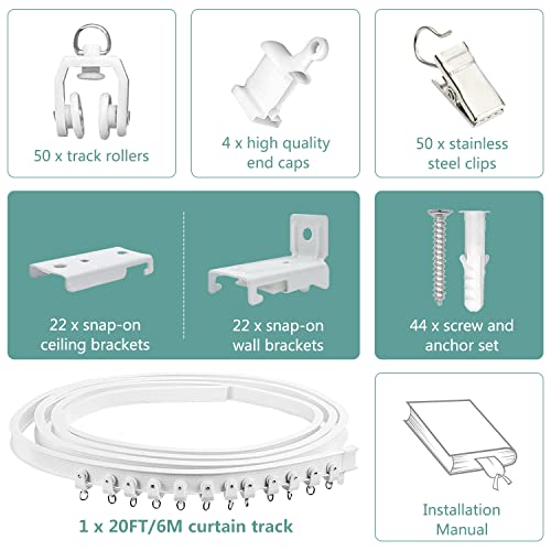 Ceiling Curtain Track, Flexible Bendable Curtain Track 20 Ft Curved Curtain Rail Ceiling Wall Mount Silding Ceiling Track Set System for Bay Window, Room Divider - color: White, size: 20Ft
